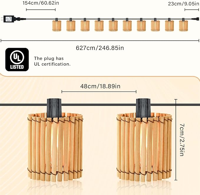 Decorative Plug in String Lights Outdoor Rattan Lamps 20.5FT 10 LED G40 Bulb Waterproof Hanging Lantern for Patio Yard Deck Garden - Indoor/Outdoor Use