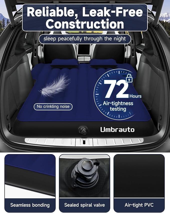Umbrauto Air Mattress for Tesla Model Y Custom Inflatable Camping Bed for Back Trunk SUV Sleeping Pad w/Soft Flocking Surface Durable 210T Fabric Bottom Portable Pump for Travel Navy