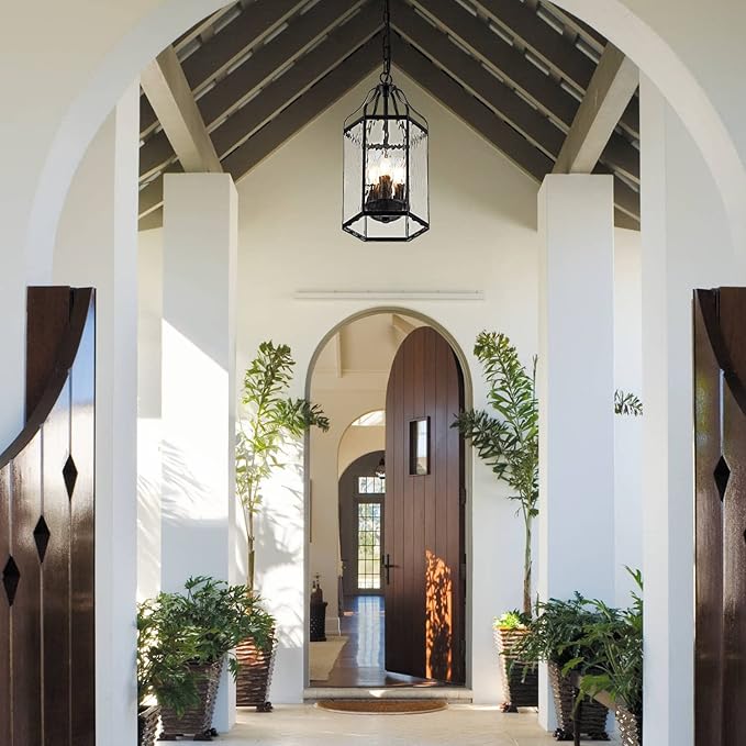 8 Modern 3-Light Exterior Black Lantern Pendant Light Fixture with Clear Rippled Glass Mini Industrial Hanging Cage Chandelier for Outdoor Kitchen Dining Room Hallway Entryway Foyer Porch