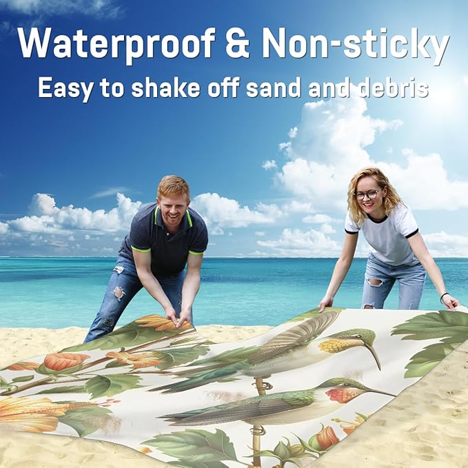 Waterproof Sandproof Beach Blanket 59''×68'' Plant-Hummingbird Polyester Outdoor Picnic Blanket with 4 Stakes &amp Storage Bag for BeachCampingVacation Cyan
