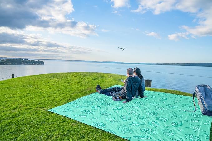 WEKAPO Beach Blanket Waterproof Sandproof Oversized Extra Large Beach Mat Sand Free Lightweight &amp Compact Sand Free Mat with 6 Stakes &amp 4 Corner Pockets