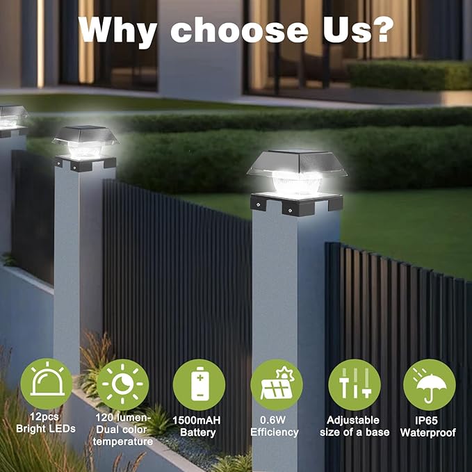 Solar Post Cap Lights Outdoor Deck Fence Post Lights wtih 120 Lumen Warm Light &amp Cool Light 3.5in-5.5in Adjustable Base Fit 4x4 5x5 Wood Post &amp 4x4 Vinyl/Metal Post for Patio Porch Backy