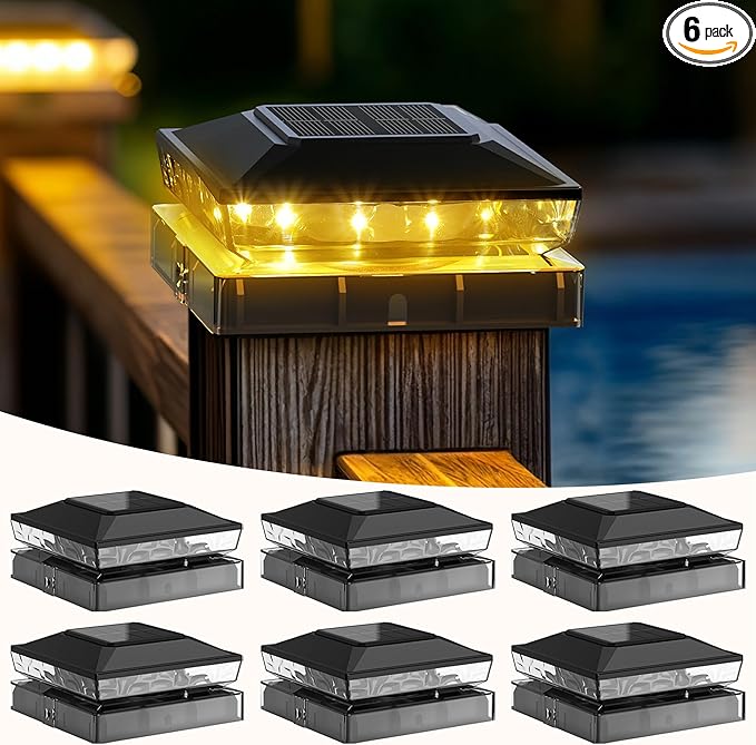 Solar Post Cap Lights 6 Pack Upgraded Outdoor Deck Fence Post Solar Lights for 4x4 5x5 Wood/Vinyl Posts IP65 Waterproof 10-12 Hours Warm White Glow for Garden/Patio/Porch - Black