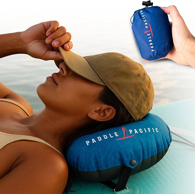 Inflatable SUP Paddle Board Pillow - Waterproof Self Inflatable Compact Travel Pillow - Also Great for Camping Airplanes Hammocks &amp More - Adjustable Neck Support with Built in Anti-Slip Straps