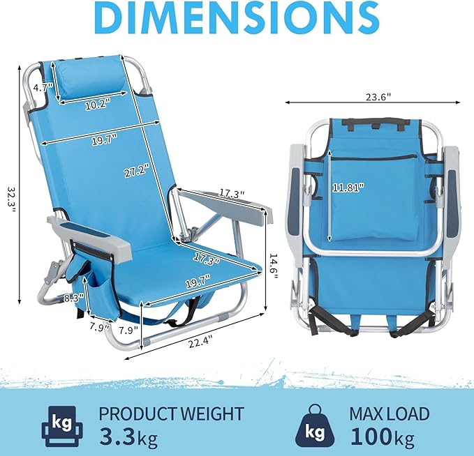Outvita Backpack Beach Chair 5 Level Adjustable Positions Beach Chair with Back Storage Bag Cooler Pouch and Side Bags for Beach Poolside Lawn