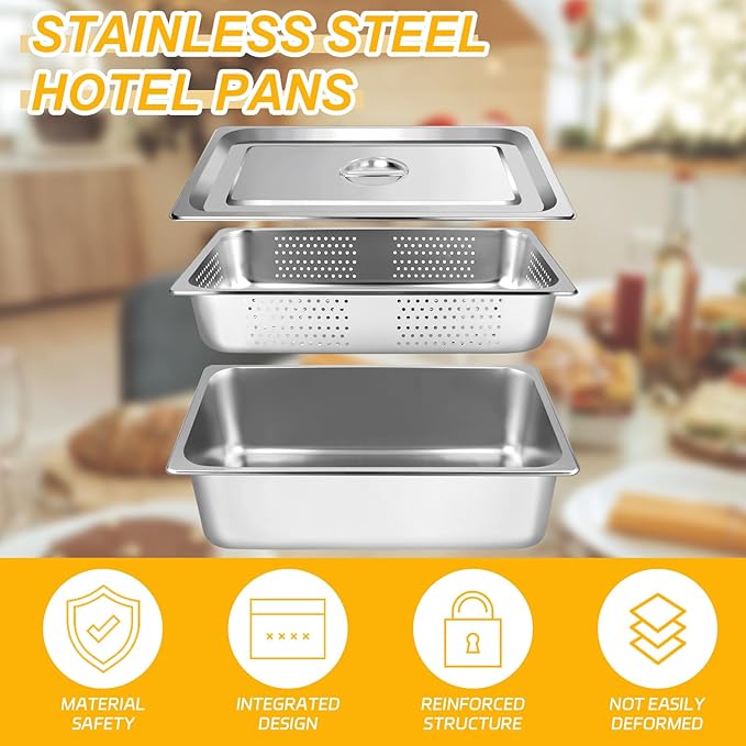 3 Pack Full Size 4 Inch 6 Inch Hotel Pan with Lid Perforated Steam Table Pan Chafing Pans Steam Table Tray Stainless Steel Restaurant Supplies for Buffets Catering Commercial Kitchen