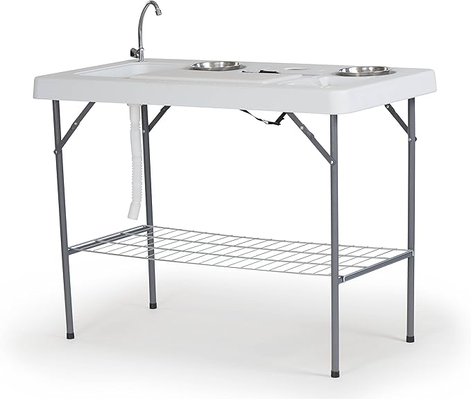 Old Cedar Outfitters Deluxe Fish Fillet Table or Portable Folding Camping Kitchen with Cutting Board Bowls Knife Odor Bar Sink Drain and More! 49.8 x 25.6 x 37.2 WhiteCamp