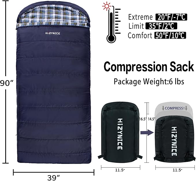 Cold Weather Sleeping Bag 100% Cotton Flannel XXL for Adults Big and TallFree Compression Sack