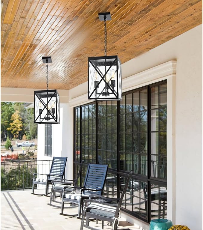 TODOLUZ Large Outdoor Pendant Light Black Exterior Ceiling Porch Light with Seeded Glass Panel Outdoor Chandelier Hanging Lantern for Garage Entryway Patio Front Door