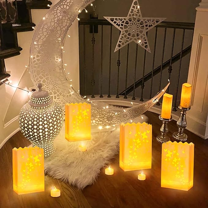 50 PCS Butterfly Luminary Bags &amp 50 PCS Battery Tea Lights White Luminary Bags with Flameless Candles LED Lamp Holiday Gift Flameless LED Tealight for Outdoor Christmas Thanksgiving Decorations