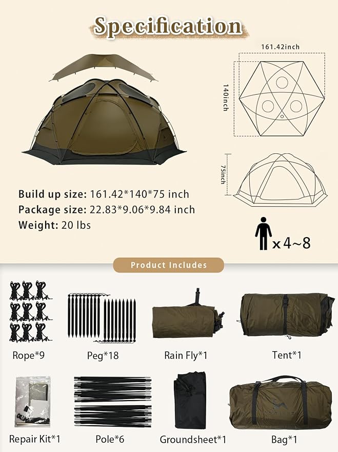 TOMOUNT Dome Hot Tent with Stove Jack 4 Person Backpacking Tent for 4 Season Waterproof Glamping Hiking