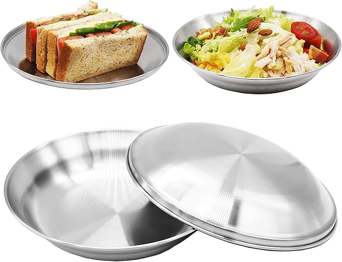 Premium 304 Stainless Steel Plate Set with Lids (2-Pack) – 8.3” Deep Metal Dinnerware for Adults &amp Kids – Durable Stackable Meal Prep Home &amp Camping Dish – Hygienic &amp Unbreakable