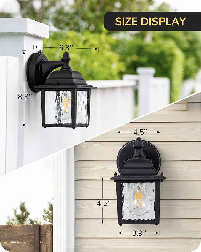EDISHINE 2 Pack Outdoor Porch Light Dusk to Dawn Exterior Lighting Fixtures Modern Outdoor Wall Lights Fixture Clear Water Ripple Glass Anti-Rust Waterproof for Front Door Garage Patio Black
