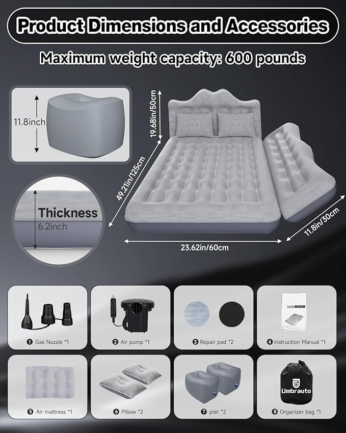 Umbrauto Truck Air Mattress Back Seat| Inflatable Car Camping Mattress Bed for Back Seat SUV Blow Up Rear Seat Sleeping AirBed for Van Travel with Pump &amp Pillows