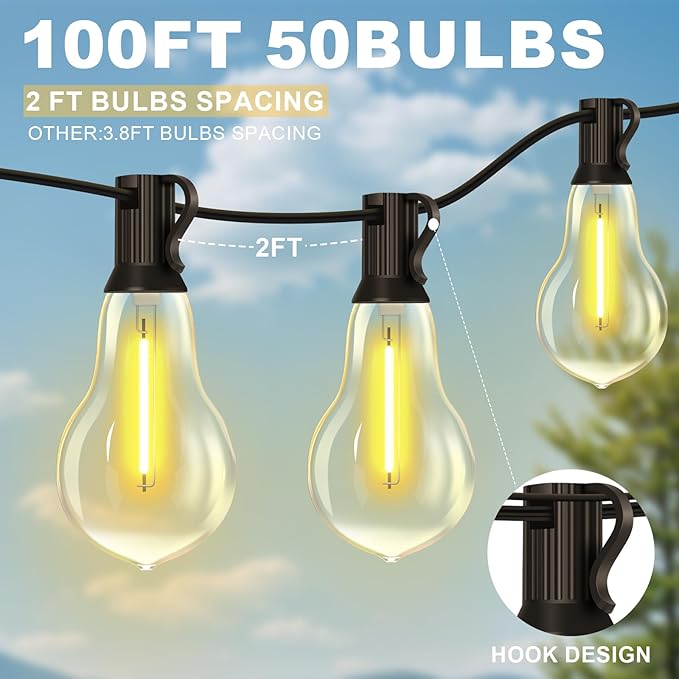 100FT LED Outdoor String Lights with 50+3 Shatterproof Bulbs(Gourd Shape) IP44 Waterproof Commercial Grade Patio String Lights for Outside Porch Backyard Garden Deck Decor 2700K Dimmable