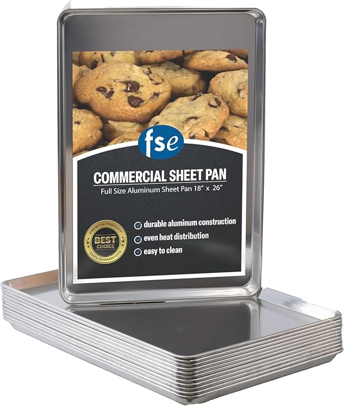 FSE Commercial Sheet Pan Full Size 16-Gauge Aluminum Bun Pan 18 L x 26 W x 1 H (Measure Oven Recommended) Silver Pack of 12