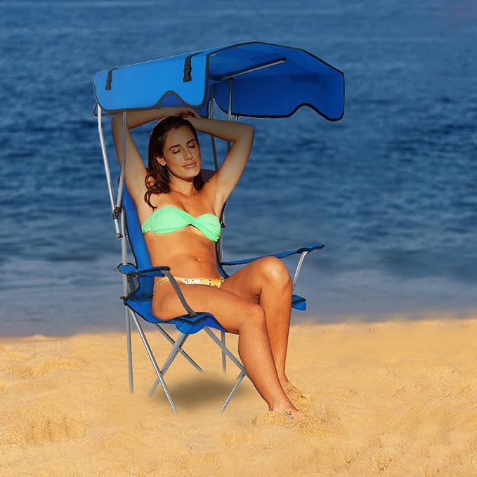 Foldable Beach Canopy Chair Camping Chair Fishing Camp Outdoor Lawn Chair Sun Protection 330LBS Load Folding Camping Canopy Shade Seat with Cup Holder For Beach Poolside Travel Picnic (Blue)