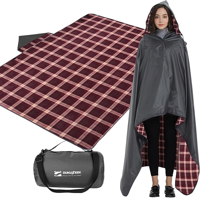 DUKUSEEK Stadium Blanket Waterproof Windproof Outdoor Hooded Blankets for Camping Sporting Events Picnic and Car - Insulated Foldable Blanket and Throws