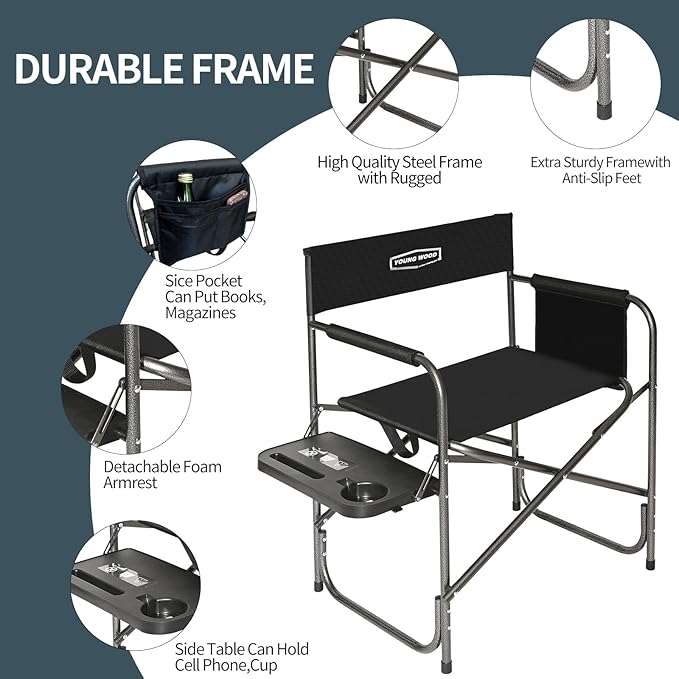 YOUNG WOOD Camping Directors Chair with Side Table Foldable and Portable FishingTripPicnicHikeLawnSportsBeachOutdoor Camping Chair for AdultsDrink Holder and Mobile Storage2p