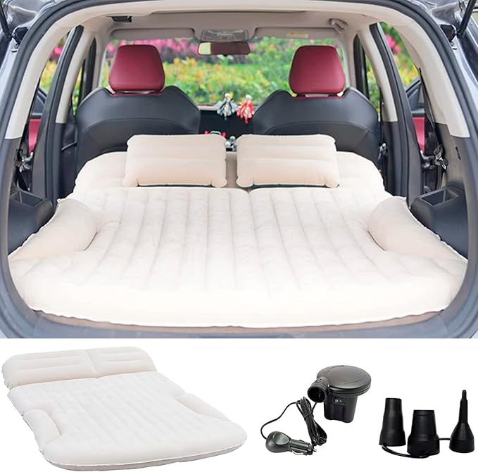 KMZ SUV Air Mattress Thickened and Double-Sided Flocking Travel Camping Bed with 2 Pillows &amp Electric Pump Dedicated Mobile Cushion Inflatable Bed for SUV Trunk and Rear Seat (Beige and Coffee)