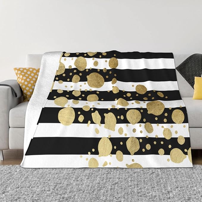 50X40 Faux Gold Paint Splatter On Black &amp White Stripes Lightweight Flannel Blanket - Soft and Breathable Polyester Suitable for Travel Camping and Home Decoration
