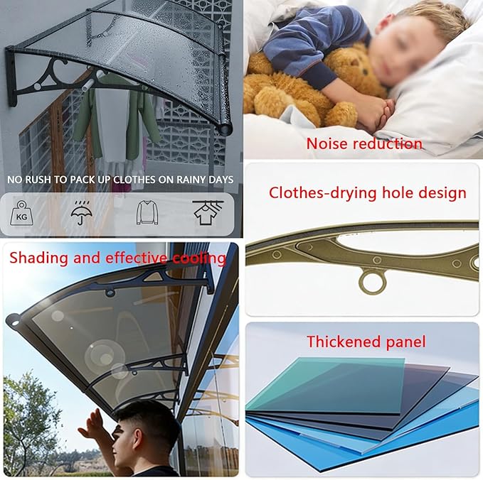 Awning for Door Entrance Aluminum Bracket Polycarbonate Board Exterior Awnings 60x220cm/24x87in 100x160cm/39x63in for Sun Shutter Rain Snow Protection(100x180cm/39x71in)