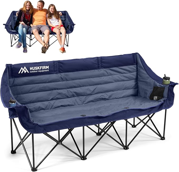 3 Person Camping Chairs Folding Double Camping Chair Portable Oversized Loveseat Padded Camp Chair Heavy Duty Camping Couch for Adults Outdoor Lawn with Two Cup Holders and Carry Bag Blue