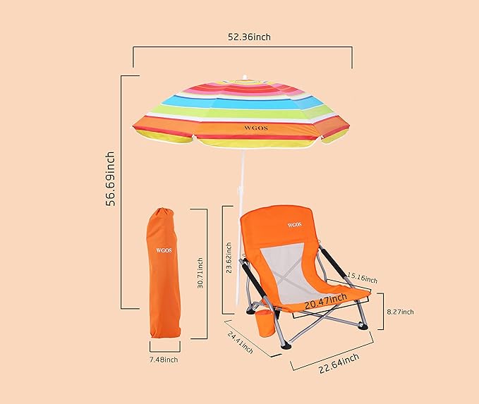 Beach Chair Low Beach Chairs with Umbrella Compack Portable Folding Festival Chairs Chairs with Shade for Adult with Cup Holder Carry Bag Heavy Duty for Outdoors BBQ (1-Pack Orange)