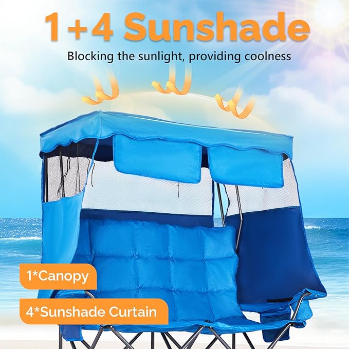 VINGLI Oversize Double Camping Chair with CanopyBeach Chair with Canopy Shade Portable Camping Loveseat with 2 Storage Bags for Outdoor Soccer Sport Events Beach or Camping