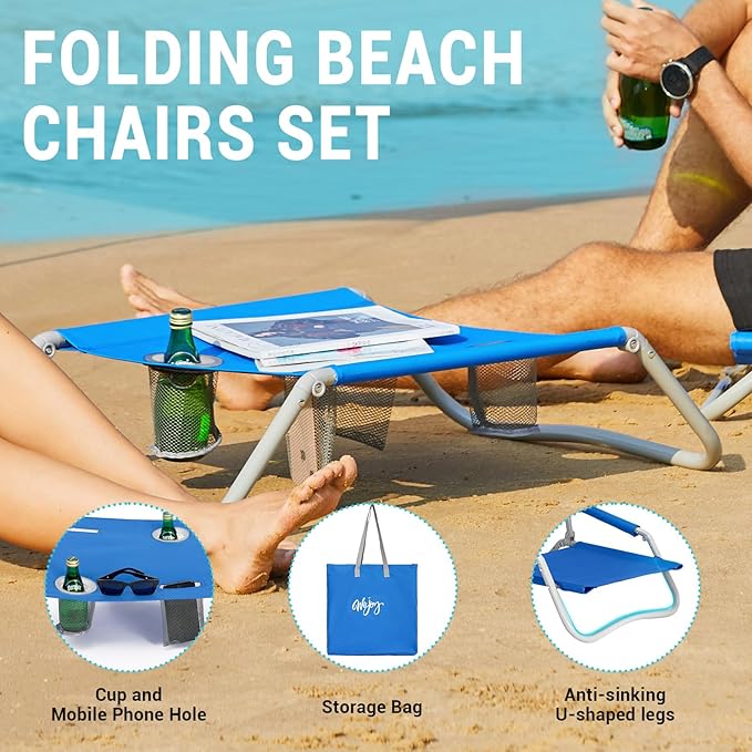 #WEJOY 2 Beach Chairs and Table Set Lightweight &amp Folding Backpack Beach Chair for Outdoor Beach Lawn Camping Picnic Blue Beach Chairs Set