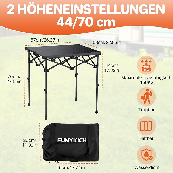 FUNYKICH Folding Camping Table(L26.4''xW22.8'') Aluminum Roll-up Portable Picnic Table with 2 Adjustable Height(17.3'' &amp 27.6'') for Picnic Camping BBQ Party Backyard Beach