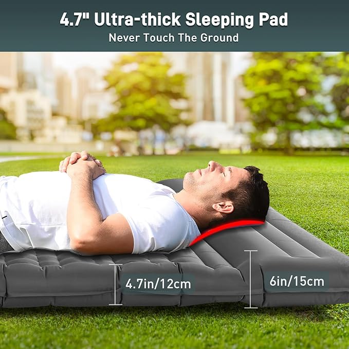Elegear CumbreX™ Double Sleeping Pad for Camping 4.7 Ultra-Thick Inflatable Camping Sleeping Pad 2 Person with Built-in Foot Pump Portable Camping Sleeping Mat for Backpacking Hiking TentGray Full