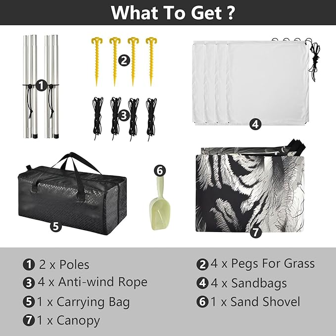 White Tiger Face Beach Tent Sun Shelter 9.2' x 10.5' Beach Canopy with 4 Sandbags 4 Stability Poles Sand Shovels - Tent Canopy for Beach Camping Fishing Picnics