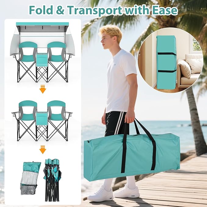 Goplus Double Beach Chair w/Adjustable Canopy Oversized Folding Camping Chair w/Roll-up Shade Cooler Bag Cup Holders Carrying Bag 2-Person Portable Loveseat for Sports Fishing (Turquoise)