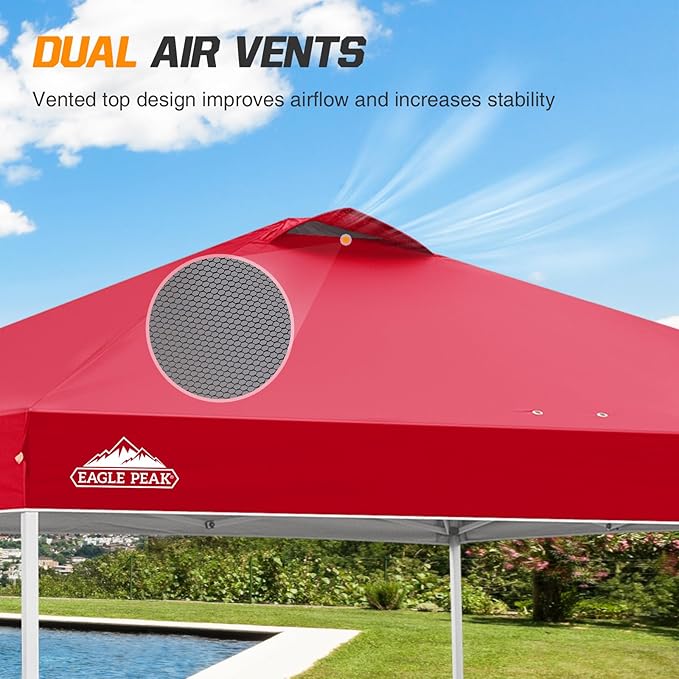 EAGLE PEAK Pop Up Canopy Tent with Wheeled Carry Bag 8 Stakes 4 Ropes 4 Weight Bags Easy Set Up Tent Canopy 10x10 ft 100sqft of Shade Red
