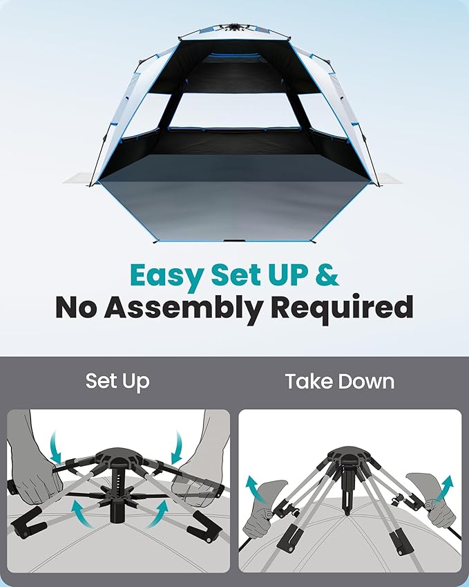 OutdoorMaster Beach Tent with Blackout Shelter Technology Portable Sun Shade Shelter 4 Person Pop Up Beach Tents with UPF 50+ UV Protection 9.5mm Thick Pole 3 Ventilating Mesh Windows