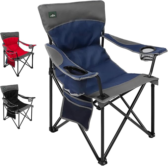 Oversized Folding Camping ChairHeavy Duty Padded Portable Lawn ChairSoft&ampComfortableTear-Resistant Fabricw/2Extra Large Cup HolderStorage PocketCarry BagOutdoor Beach Garden Fishing.Dark Bl