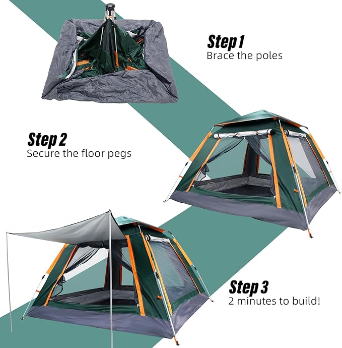 Camping Tent 2-3 Person Tents for Camping with Extended Vestibule Outdoor Automatic Pole Camping Tent with Breathable Mesh Windows Suitable Camping/Hiking/Picnic