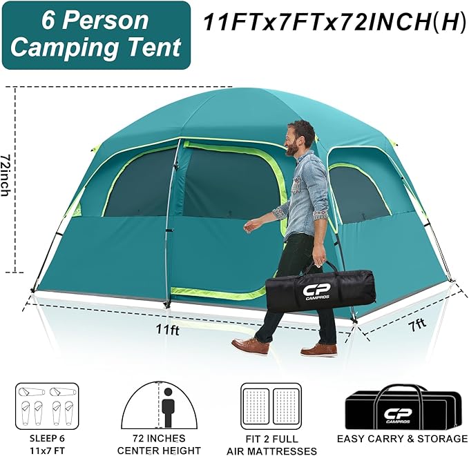 CAMPROS CP Upgraded 6/8 Person Camping Tents Waterproof Windproof Family Tent with Larger Mesh Windows &amp Door Double Layer Easy Set Up All-Season Dome Tent with Top Rainfly &amp Carry Bag