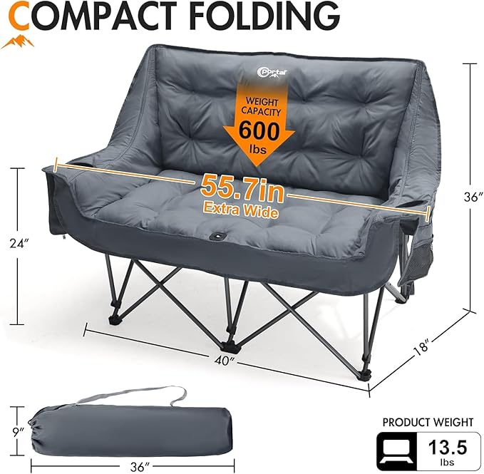 Portal Double Camping Chair 2 Person Folding Loveseat Padded Cushion Camp Lawn Love Seat with Side Pocket Portable Couch Two Person Heavy Duty Wide Chairs with Cup Holder 600 lbs Pure Grey