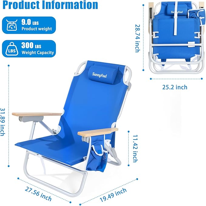 SUNNYFEEL Low Back Folding Beach Chair Aluminum Heavy Duty Beach Chair with 5-Position Portable Camping Chair for Adults with Wood Armrest Lightweight Camping Chair 300lbs Blue