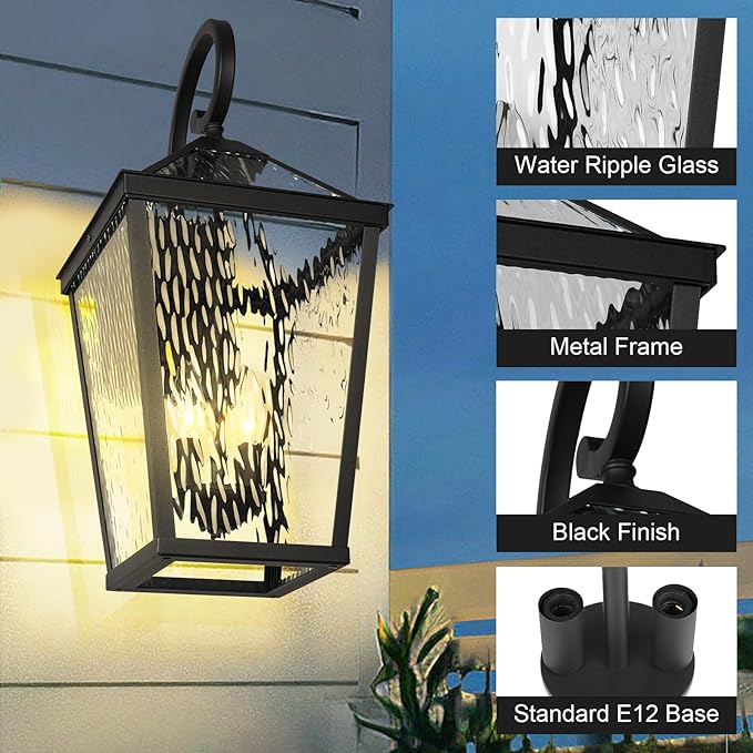 Treekee Outdoor Wall Light Fixture Modern Waterproof Exterior Wall Lantern with E12 Sockets &amp Water Ripple Glass Matte Black Rustic Wall Sconce Porch Lamp for Patio Garage Yard Front Door Ga