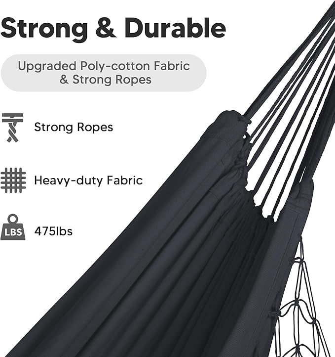 SUNCREAT Extra Large Double Hanging Hammock for Camping Hammocks for Outside 2 Person Heavy Duty Dark Gray with Tassels