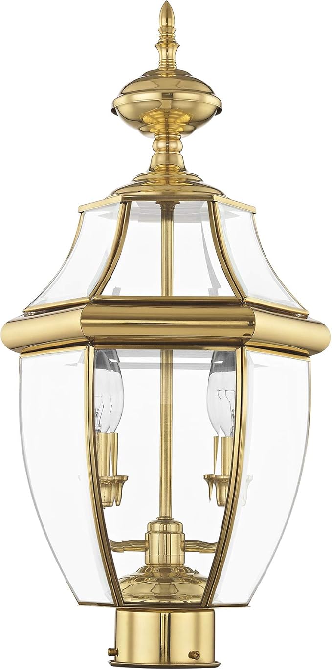 Livex Lighting 2254-02 Monterey 2 Light Outdoor Polished Brass Finish Solid Brass Post Head with Clear Beveled Glass