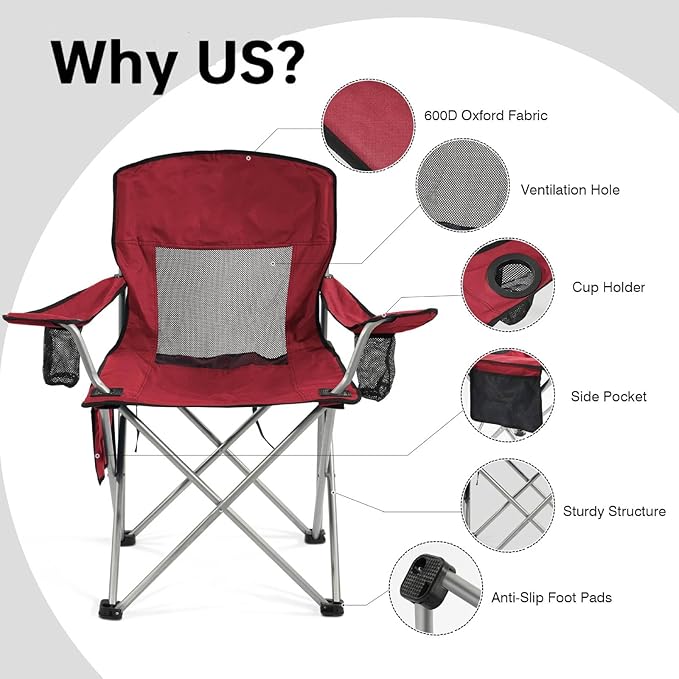 Simple Deluxe Outdoor Foldable Camping Chair with 300lbs Capacity and Sturdy Material Outdoor Camping Chair with Cup Holder &amp Carrying Bag Suitable for Sports Beaches and Camping Red