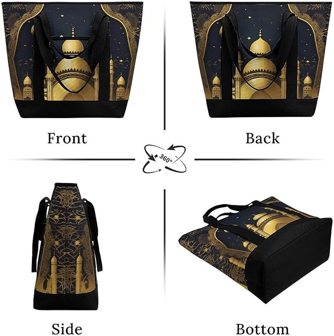 Insulated Shopping BagLarge Reusable Cooler Bags Eid Golden Mosque Printed Foldable Shopping BagTravel Waterproof Shoulder Bag