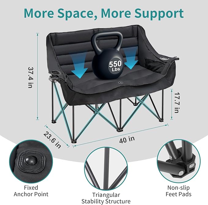 Slsy Oversized Double Camping Chair Folding 2 Person Camping Chair Loveseat Fully Padded Duo Chair Camping Couch Fold Up Double Camp Chair Lawn Chairs Camping Bench with Carrying Bag