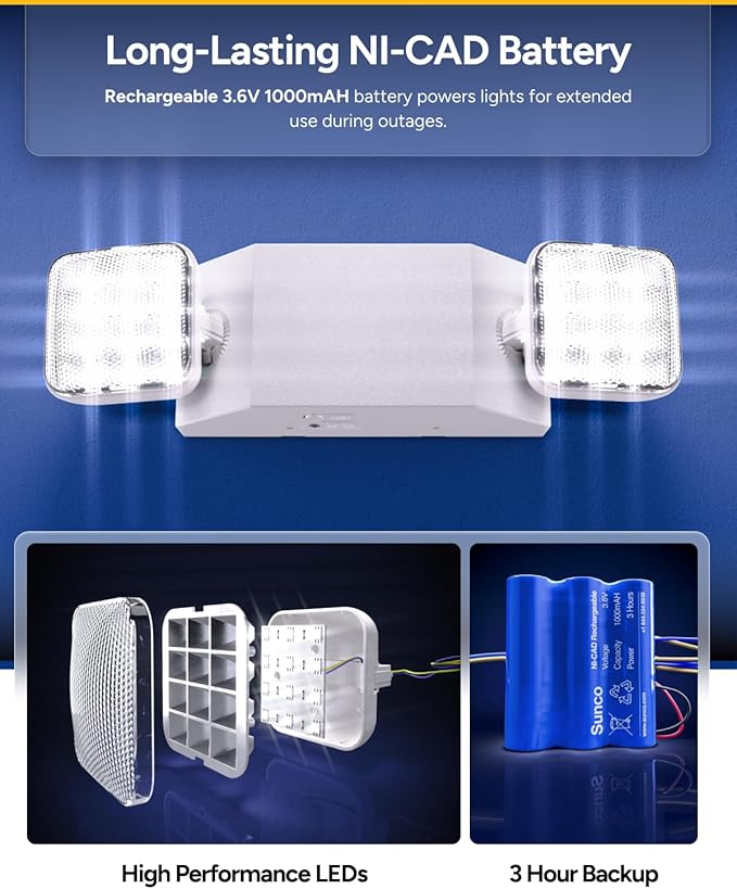 Sunco 12 Pack LED Emergency Lights Commercial Lighting for Business Power Outages Offices with Backup Battery (90 Minutes) Wall Mount Hard Wired 120-277V Fire Resistant (94V-0) UL