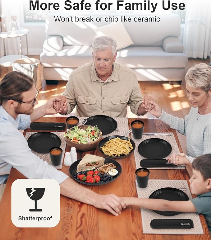 Quatish 20 Piece Plates and Bowls Sets for 5 Unbreakable Dinnerware Sets Plastic Dish Set for Camping Dishwasher Microwave Safe Outdoor Kitchen and Apartment Dinning RV Essentials Black