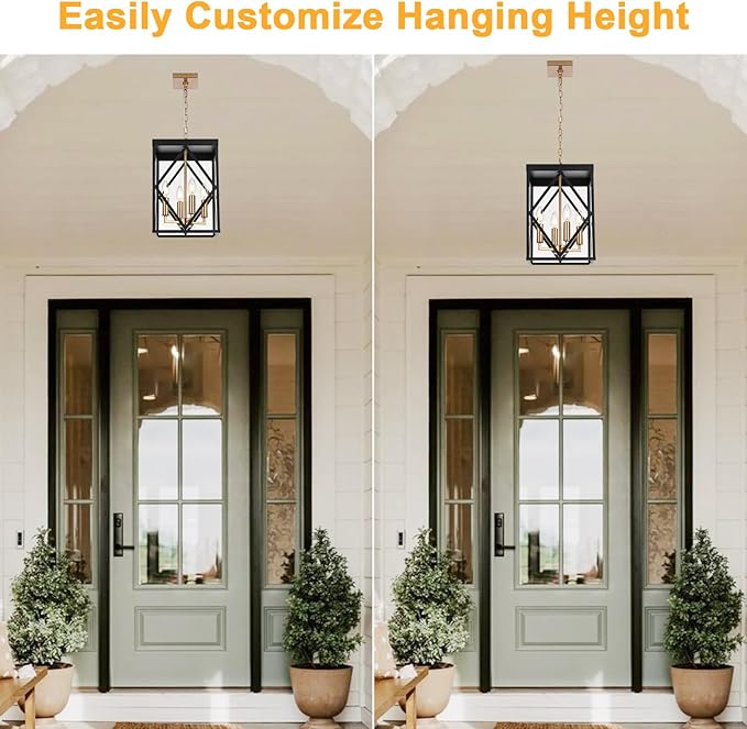 4-Light Outdoor Pendant Lights for Porch 15.7'' Outdoor Chandelier Black &amp Brushed Brass Exterior Hanging Porch Light Fixtures w/Clear Glass Waterproof Outside Pendant Lantern for Front Door
